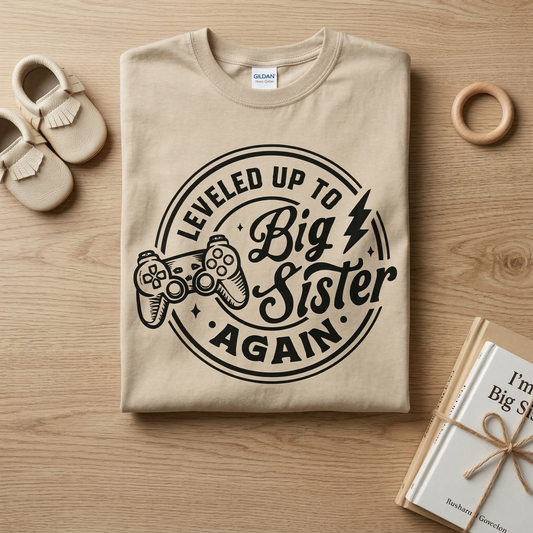 Leveled Up to Big Sister Again Hoodie | Gamer Girl Sibling Announcement | Retro 3rd Baby Reveal Sweatshirt | Trendy Big Sis Pullover