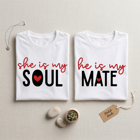 Soulmate Couple Shirts, She is My Soul He is My Mate Matching Tees, Anniversary Gift for Couples, Custom Relationship T-shirts, Wedding Gift