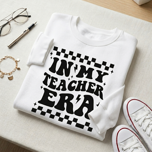 In My Teacher Era Sweatshirt, Custom Teacher Era Shirt, Retro Checkered Teacher Crewneck, Personalized Teacher Gift, Groovy Teacher Pullover