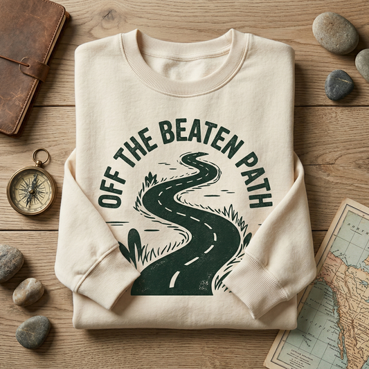 Custom Off the Beaten Path Sweatshirt, Retro Road Trip Crewneck, Vintage Adventure Sweater, Hiking Gift, Nature Lover Pullover