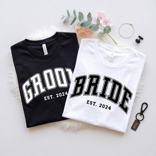 Custom Bride and Groom Shirt Set - Personalized Wedding Est 2026 T-Shirts - Varsity Style Newlywed Gift - Matching Couple Anniversary Tops