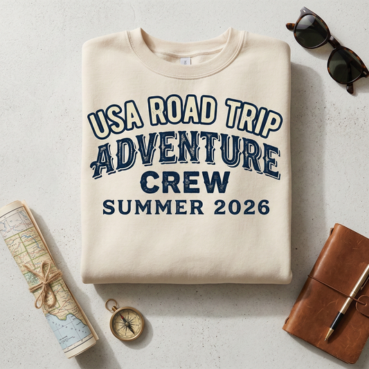 Custom Road Trip Adventure Crew Sweatshirt | Personalized Vacation Shirt | Retro Summer Group Travel Tee | Custom Destination Adventure Gift