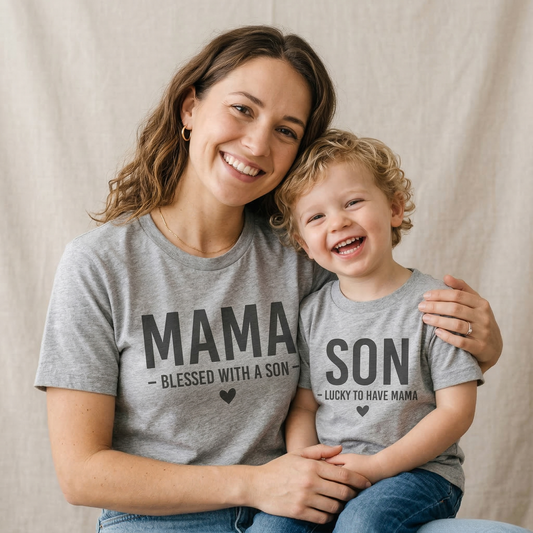 Blessed Mama and Lucky Son Matching T-Shirt Set | Mother and Son Outfits | New Mom Gift | Navy Blue Mom and Me Shirts | Mother's Day Gift for Boy Mom | Set of 2