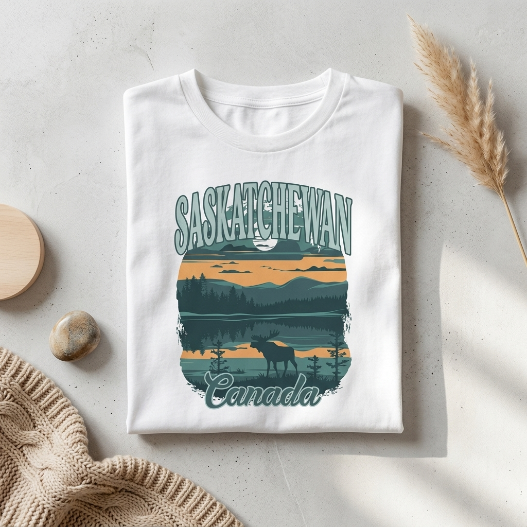 Vintage Saskatchewan Canada Shirt | Retro Moose & Lake Graphic Tee | Canadian Nature Lover Gift | Outdoorsy Camping T-Shirt