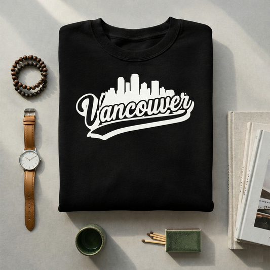 Retro Vancouver Skyline Sweatshirt | Vintage Script City Crewneck | Sporty Baseball Font Pullover | British Columbia Souvenir | PNW Gift