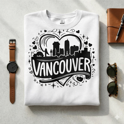 Vancouver Heart Skyline Sweatshirt | Cute Cityscape Crewneck | Whimsical Canada Souvenir | PNW Hometown Pride Shirt | Travel Gift for Her