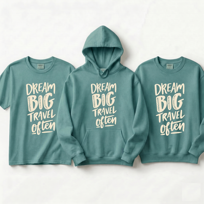 Custom Dream Big Travel Often Shirt, Personalized Inspirational Hoodie, Retro Travel Sweatshirt, Wanderlust Gift, Family Vacation Apparel