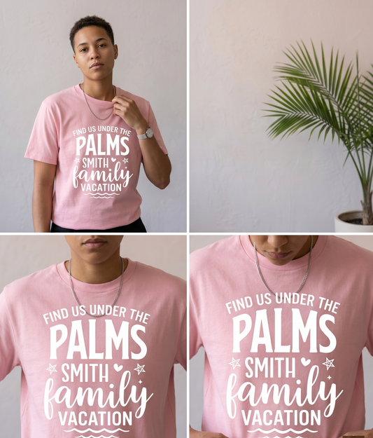Find Us Under The Palms Custom Family Vacation Shirt, Personalized Smith Family Trip Hoodies, Matching Tropical Family Vacation Sweatshirts