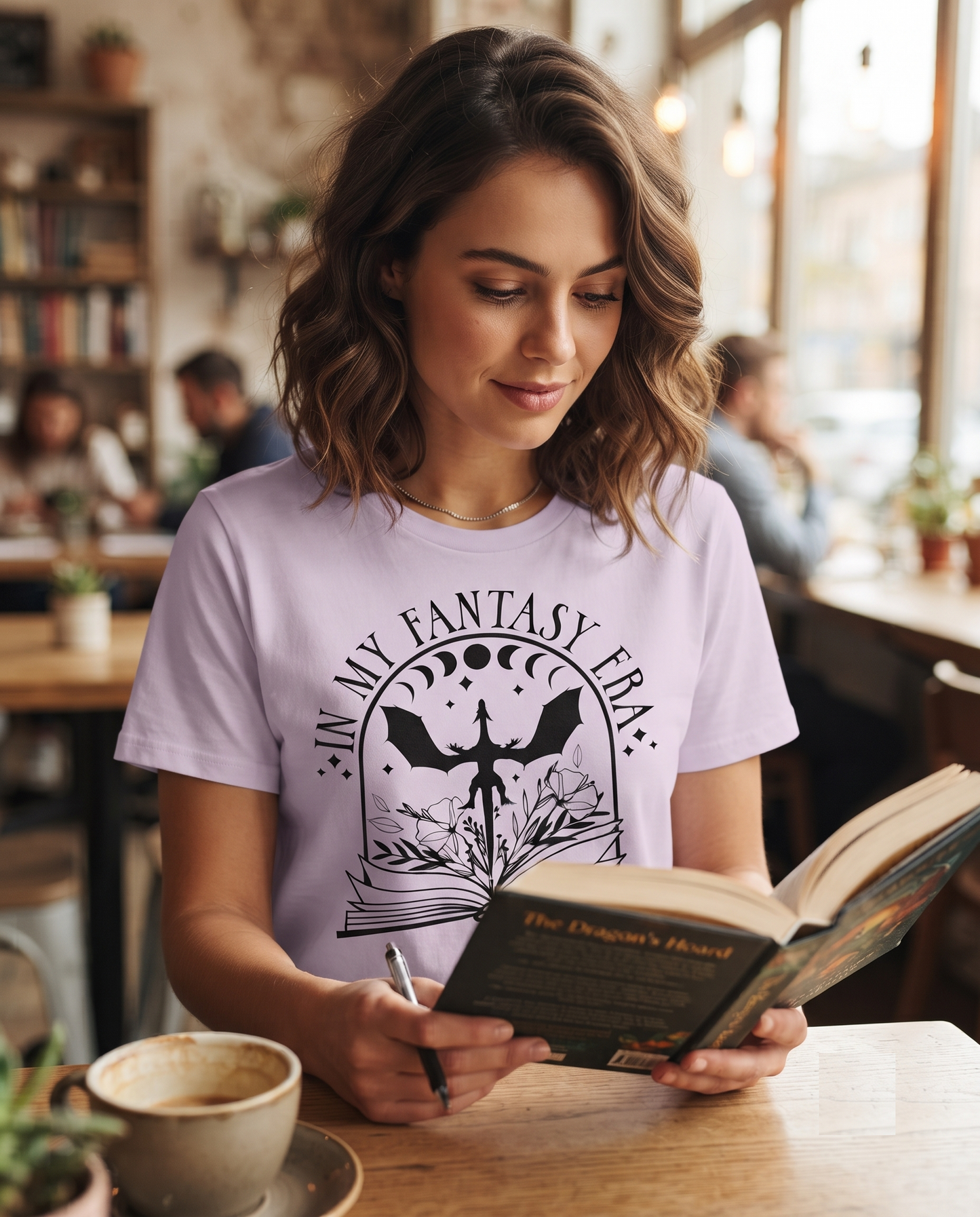 Fantasy Era Dragon Book Shirt, Floral Moon Reader Apparel