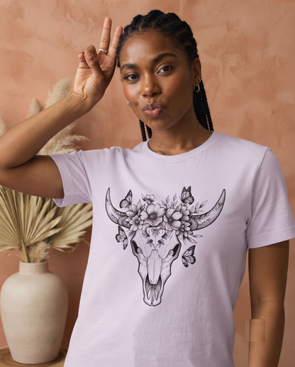 Floral Bull Skull Shirt, Wildflower Cow Skull Graphic Tee, Boho Western Hoodie