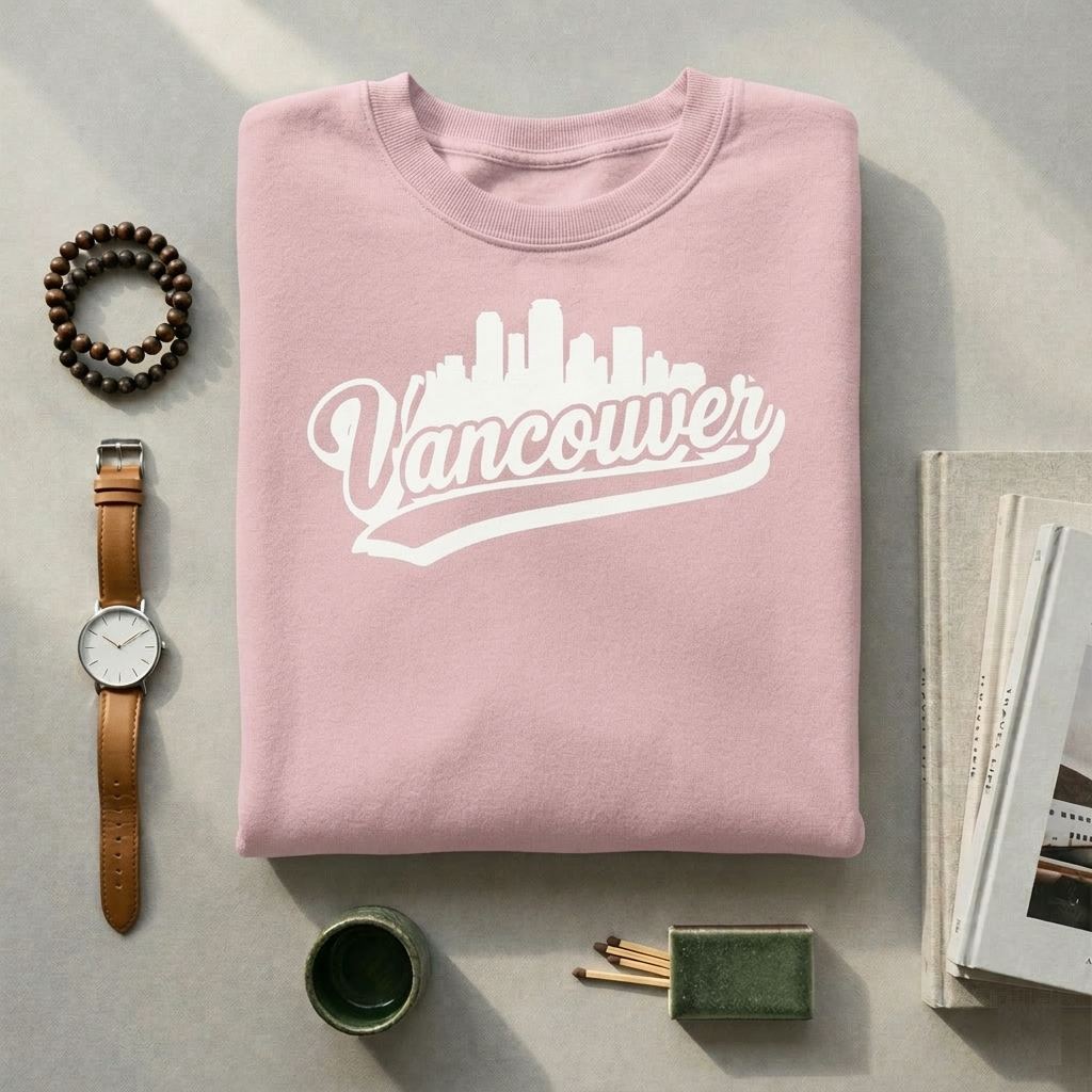 Retro Vancouver Skyline Sweatshirt | Vintage Script City Crewneck | Sporty Baseball Font Pullover | British Columbia Souvenir | PNW Gift