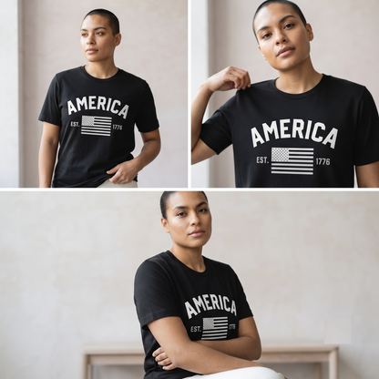 Retro America T-Shirt, Vintage USA Flag, Customizable Text Apparel
