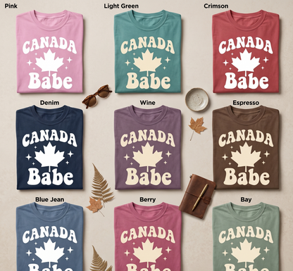 Custom Canada Babe Shirt, Retro Groovy Maple Leaf T-Shirt, Personalized Canada Day Tee, Cute Canadian Pride Girl Trip Apparel, Gift for Her