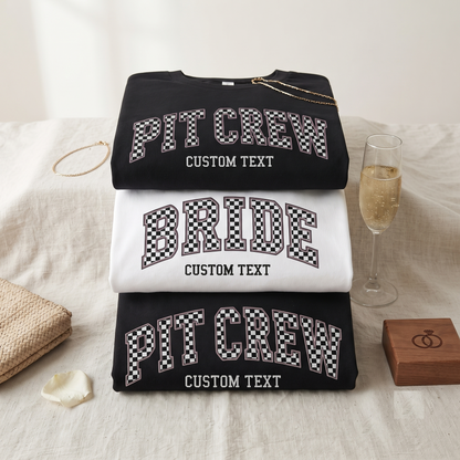 Custom Bride Pit Crew Shirt, Retro Racing Bachelorette Sweatshirt, Checkered Varsity Hoodie
