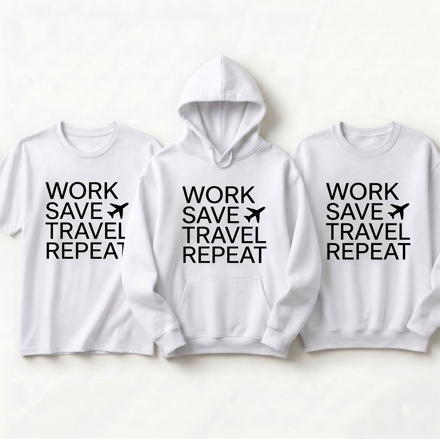 Custom Work Save Travel Repeat Shirt | Matching Travel Hoodies | Personalized Sweatshirt | Minimalist Airplane Vacation Apparel