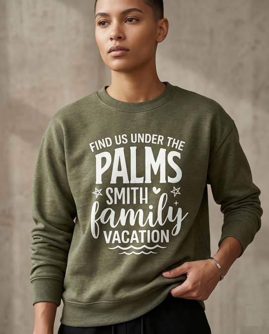 Find Us Under The Palms Custom Family Vacation Shirt, Personalized Smith Family Trip Hoodies, Matching Tropical Family Vacation Sweatshirts