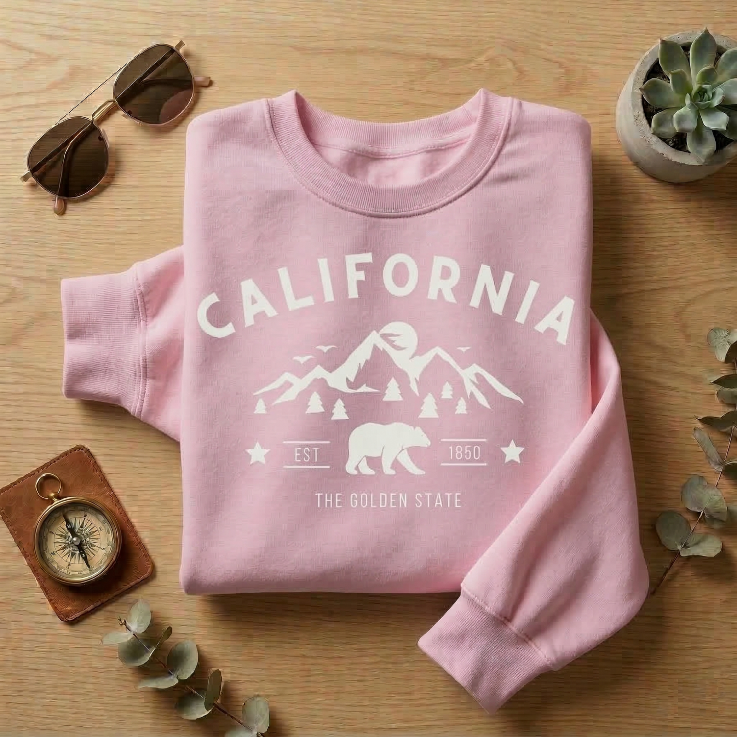 California Sweatshirt | The Golden State Mountain Bear Crewneck | Lilac Nature Lover Pullover | West Coast Wanderlust Camping Sweater