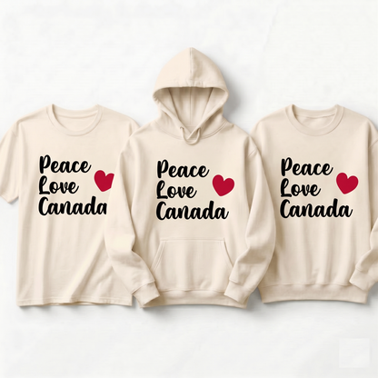 Custom Peace Love Canada T-Shirt | Personalized Canadian Pride Tee, Custom Name Canada Shirt, Cute Heart Graphic Unisex Retro Script Top