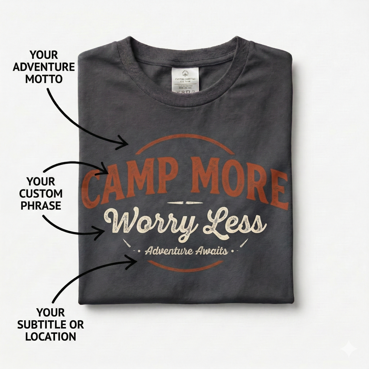 Custom Camping Shirt - Personalized Camp More Worry Less T-Shirt - Custom Adventure Motto Tee - Outdoorsy Gift for Hikers