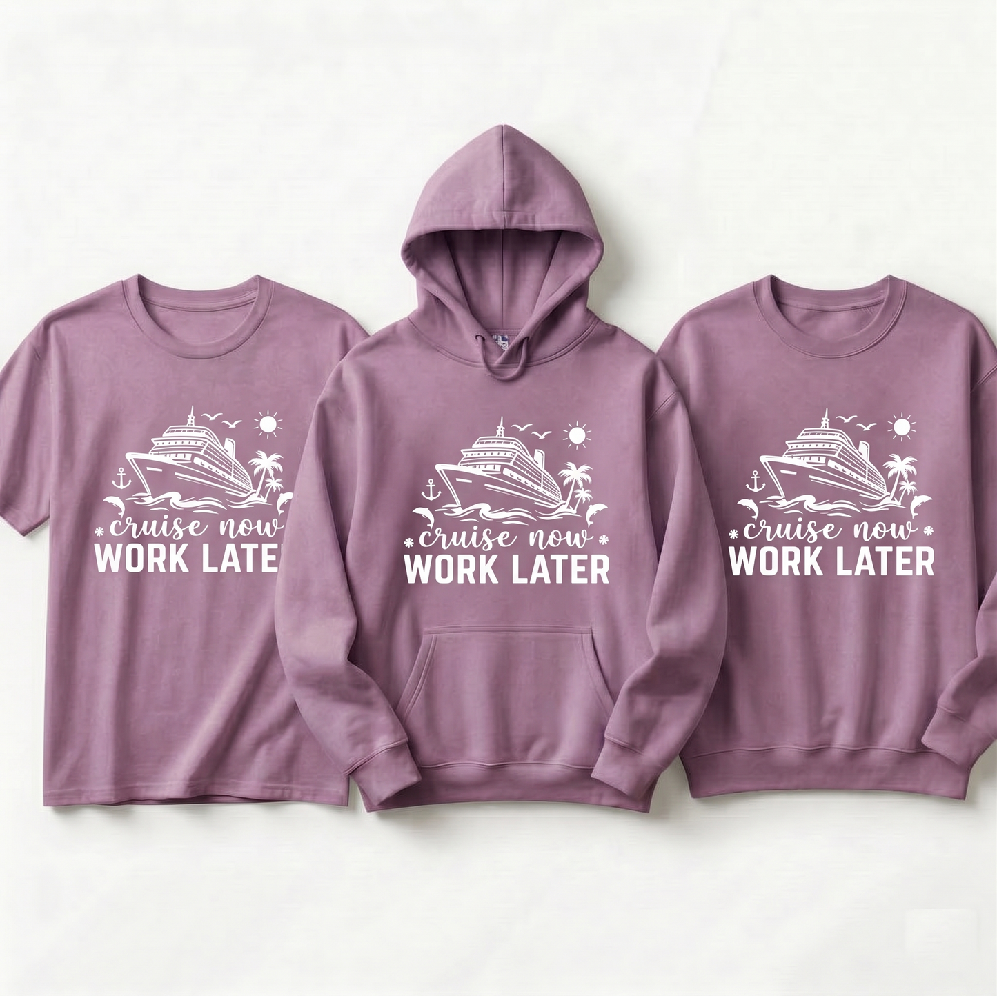 Custom Cruise Now Work Later Shirt | Funny Matching Cruise Hoodies | Personalized Nautical Vacation Sweatshirt | 2026 Family Cruise Gift