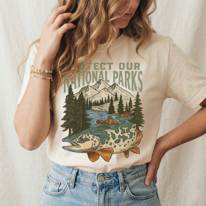 Protect Our National Parks Shirt | Vintage Trout Fish Tee | Mountain Nature Graphic T-Shirt | Outdoor Conservation Hiking Camping Apparel