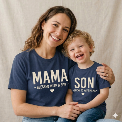 Blessed Mama and Lucky Son Matching T-Shirt Set | Mother and Son Outfits | New Mom Gift | Navy Blue Mom and Me Shirts | Mother's Day Gift for Boy Mom | Set of 2