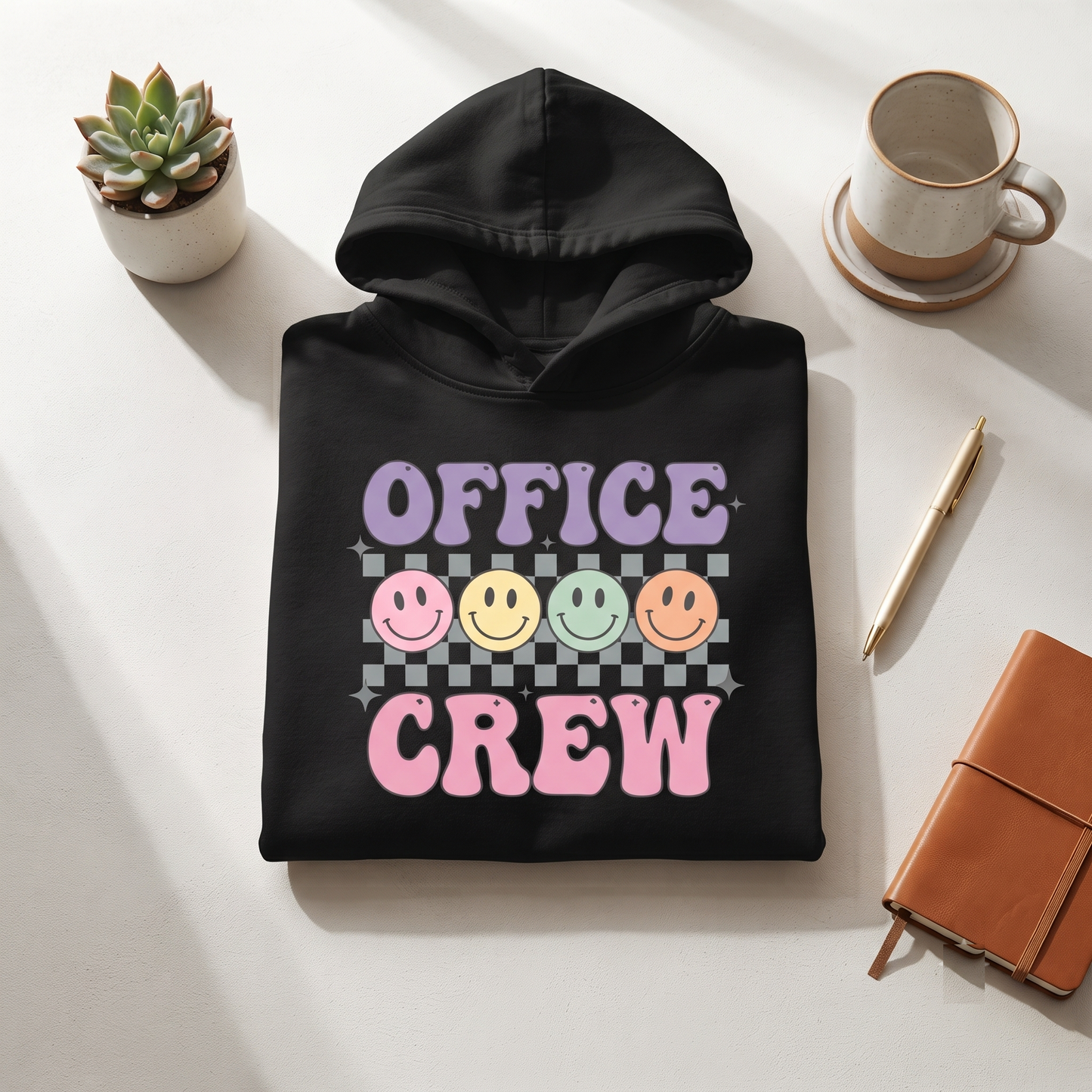 Retro Office Crew Shirt | Groovy Checkerboard Hoodie | Vintage Smiley Face Sweatshirt | Personalized Coworker T-Shirt