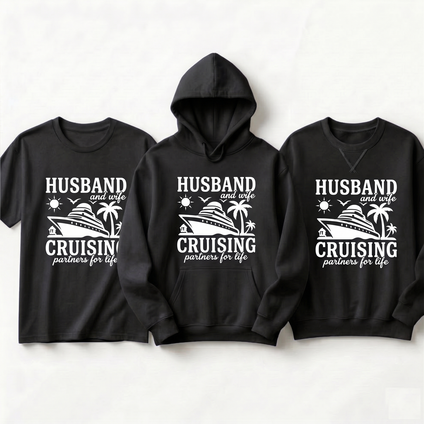 Custom Couples Cruise Shirts | Husband and Wife Cruising Partners for Life | Matching Vacation Hoodies | Anniversary Cruise Sweatshirt