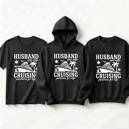 Custom Couples Cruise Shirts | Husband and Wife Cruising Partners for Life | Matching Vacation Hoodies | Anniversary Cruise Sweatshirt