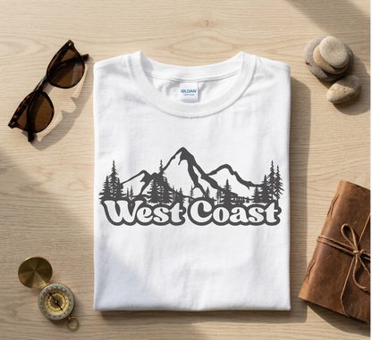 West Coast T-Shirt, Retro Mountain Graphic Tee, PNW Adventure Shirt, California Oregon Washington Travel Gift, Nature Lover Outdoorsy Tee