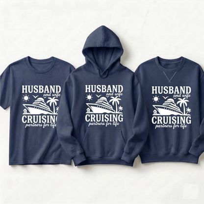 Custom Couples Cruise Shirts | Husband and Wife Cruising Partners for Life | Matching Vacation Hoodies | Anniversary Cruise Sweatshirt