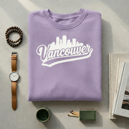 Retro Vancouver Skyline Sweatshirt | Vintage Script City Crewneck | Sporty Baseball Font Pullover | British Columbia Souvenir | PNW Gift