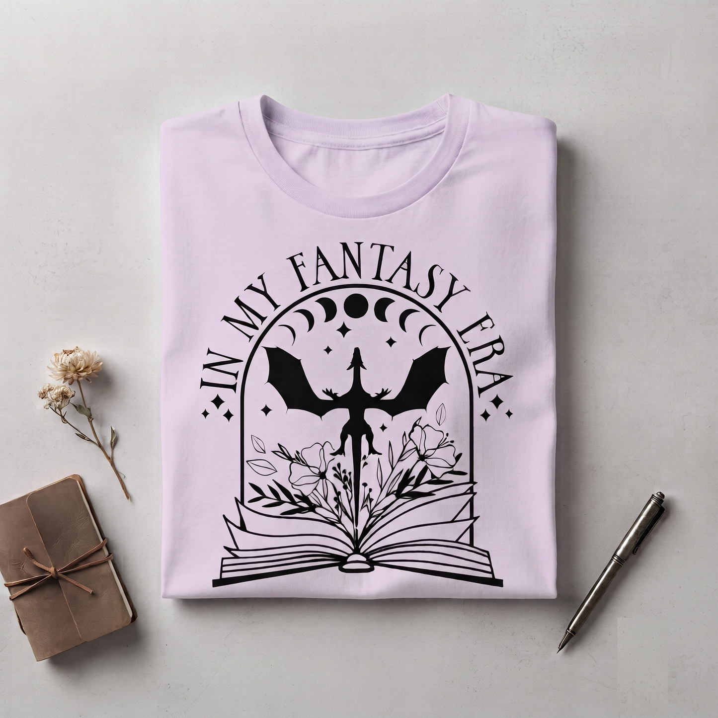 Fantasy Era Dragon Book Shirt, Floral Moon Reader Apparel