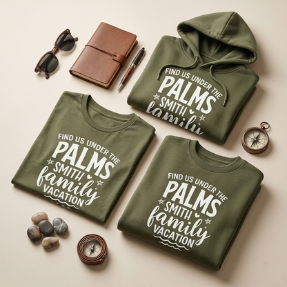 Find Us Under The Palms Custom Family Vacation Shirt, Personalized Smith Family Trip Hoodies, Matching Tropical Family Vacation Sweatshirts