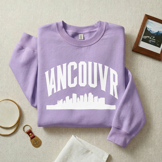Vancouver Skyline Sweatshirt | Pastel Lavender Collegiate Crewneck | University Style City Pullover | Preppy BC Souvenir | Travel Apparel