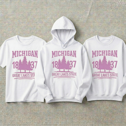 Custom Michigan Hoodie and Sweatshirt, Vintage Michigan T-shirt, 1837 Great Lakes State Apparel, Retro Pine Tree Design, Custom State Gift