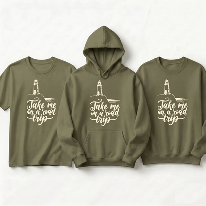 Custom Road Trip Hoodie, Personalized Lighthouse T-Shirt, Adventure Sweatshirt, Coastal Vacation Gift, Wanderlust Apparel