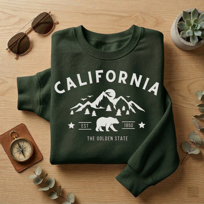 California Sweatshirt | The Golden State Mountain Bear Crewneck | Lilac Nature Lover Pullover | West Coast Wanderlust Camping Sweater