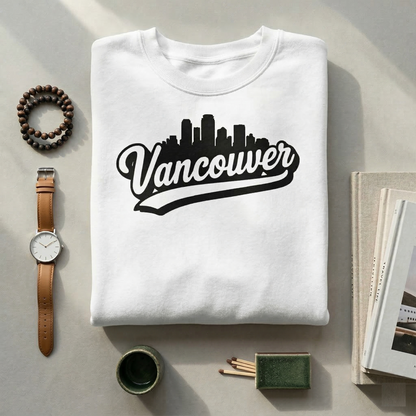 Retro Vancouver Skyline Sweatshirt | Vintage Script City Crewneck | Sporty Baseball Font Pullover | British Columbia Souvenir | PNW Gift