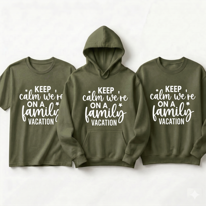 Custom Keep Calm We’re On A Family Vacation Shirt, Funny Matching Family Trip Hoodie, Personalized Family Reunion Sweatshirt