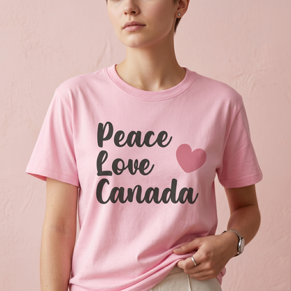 Custom Peace Love Canada T-Shirt | Personalized Canadian Pride Tee, Custom Name Canada Shirt, Cute Heart Graphic Unisex Retro Script Top