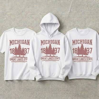 Custom Michigan Hoodie and Sweatshirt, Vintage Michigan T-shirt, 1837 Great Lakes State Apparel, Retro Pine Tree Design, Custom State Gift