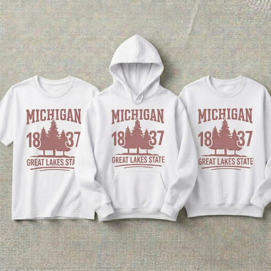 Custom Michigan Hoodie and Sweatshirt, Vintage Michigan T-shirt, 1837 Great Lakes State Apparel, Retro Pine Tree Design, Custom State Gift