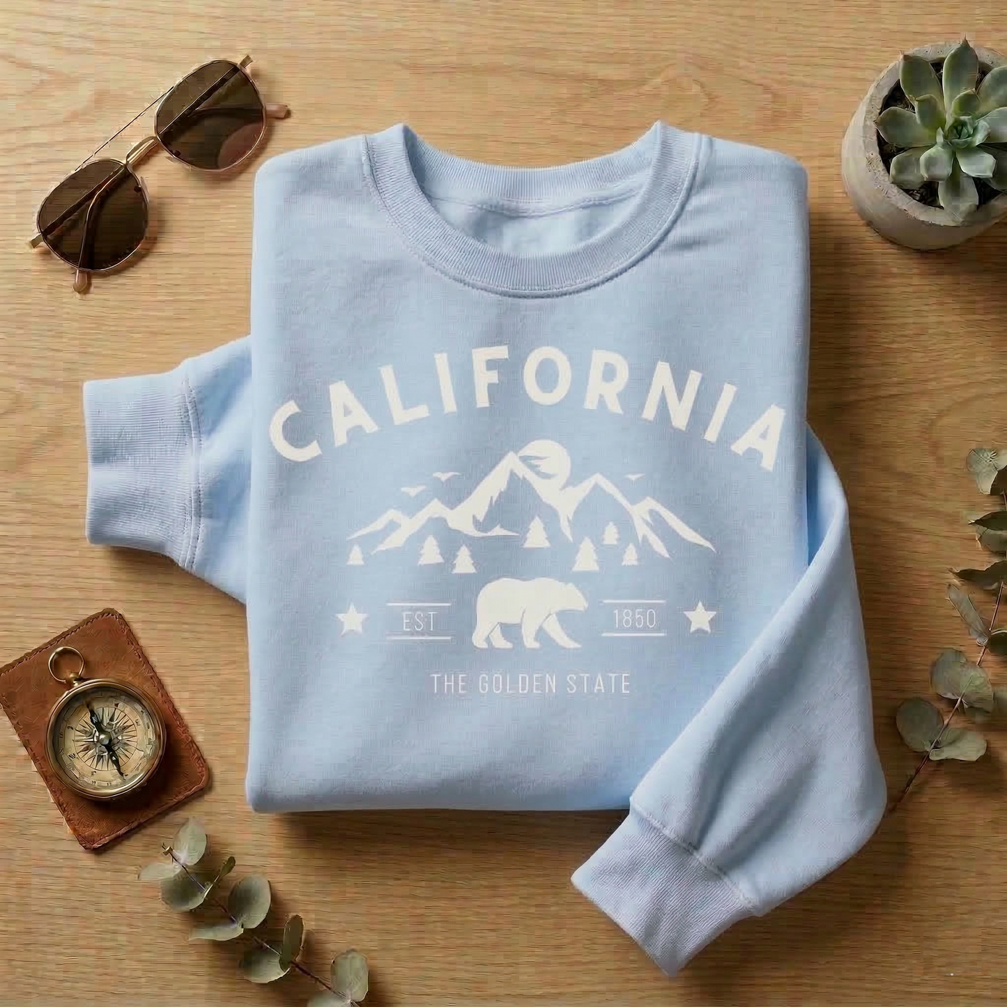 California Sweatshirt | The Golden State Mountain Bear Crewneck | Lilac Nature Lover Pullover | West Coast Wanderlust Camping Sweater