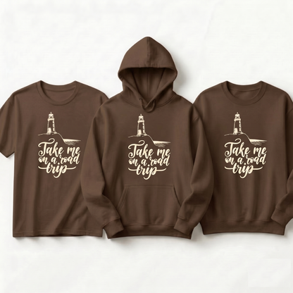 Custom Road Trip Hoodie, Personalized Lighthouse T-Shirt, Adventure Sweatshirt, Coastal Vacation Gift, Wanderlust Apparel