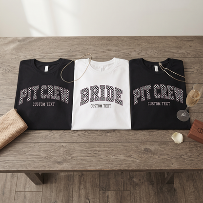 Custom Bride Pit Crew Shirt, Retro Racing Bachelorette Sweatshirt, Checkered Varsity Hoodie