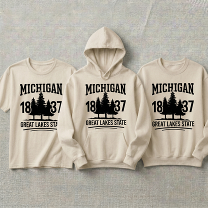 Custom Michigan Hoodie and Sweatshirt, Vintage Michigan T-shirt, 1837 Great Lakes State Apparel, Retro Pine Tree Design, Custom State Gift