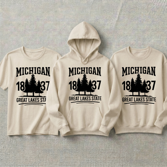Custom Michigan Hoodie and Sweatshirt, Vintage Michigan T-shirt, 1837 Great Lakes State Apparel, Retro Pine Tree Design, Custom State Gift