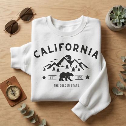 California Sweatshirt | The Golden State Mountain Bear Crewneck | Lilac Nature Lover Pullover | West Coast Wanderlust Camping Sweater