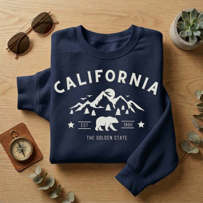 California Sweatshirt | The Golden State Mountain Bear Crewneck | Lilac Nature Lover Pullover | West Coast Wanderlust Camping Sweater